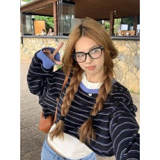 批发撞色条纹经典款圆领宽松<b class='q'>短款</b>长袖休闲百搭<b class='q'>卫衣</b>上衣