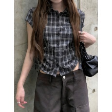 批发韩系<b class='q'>街头</b>夏季抽绳显瘦格子短袖衬衫