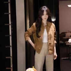 批发<b class='q'>杨幂</b><b class='q'>同款</b>棕色鹿皮绒新中式国风立领盘扣上衣女秋冬高级感唐装外套