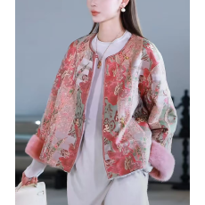 批发新中式复古禅意粉色唐装上衣女秋冬新款宽松提花毛毛袖国风<b class='q'>外套</b>