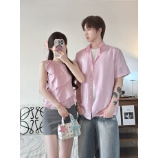 批发<b class='q'>实拍</b>2026夏季新款情侣装亚麻多层荷叶边飘带单肩吊带短款上衣