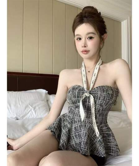 작은 샤넬 스타일 행침 목 캐미솔 외출용 여름 순수한 욕망 달콤한 핫걸 섹시함 튜브탑 맨위 포장 가슴 인형 셔츠
