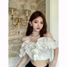 批发法式甜辣妹设计感辣妹性感荷叶边女<b class='q'>夏</b>甜美一字肩露肩显瘦短款上衣