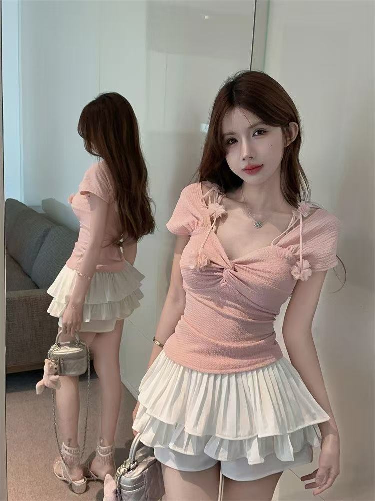 순수한 욕망 작은 키 꽃 스트랩 티셔츠 여성 여름 몸매 가꾸기 슬림해 보이는 디자인 센스 십자가 섹시함 오프숄더 맨위