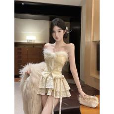 批发甜美蝴蝶结毛毛刺绣重工纯欲抹胸连衣短裙女修身显瘦