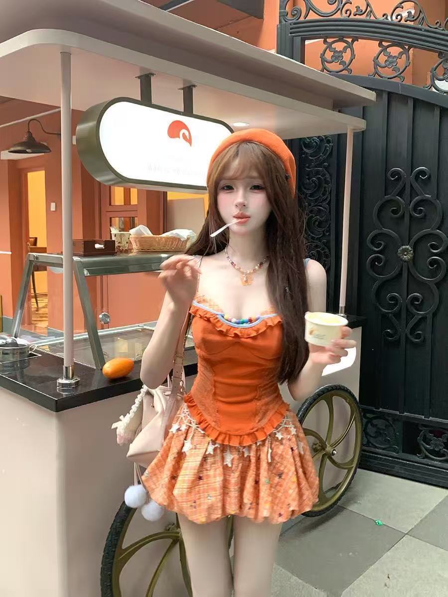 여름 둥근 c 여름 도파민 달콤함 핫걸 레이스 슬립 맨위 슬림해 보이는 꽃밭 치마 미니 스커트