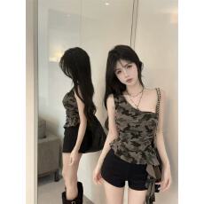 复古单肩背心美式飘带迷彩时尚辣妹显瘦上衣夏季新款女装潮