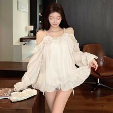 批发荷叶超仙洋气<b class='q'>衬衫</b>甜美法式珍珠挂脖<b class='q'>长袖</b>上衣立体春季花朵新款