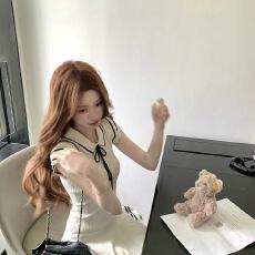 批发学院风系带翻领针织小飞袖<b class='q'>连衣裙</b>女夏季小个子掐腰短裙