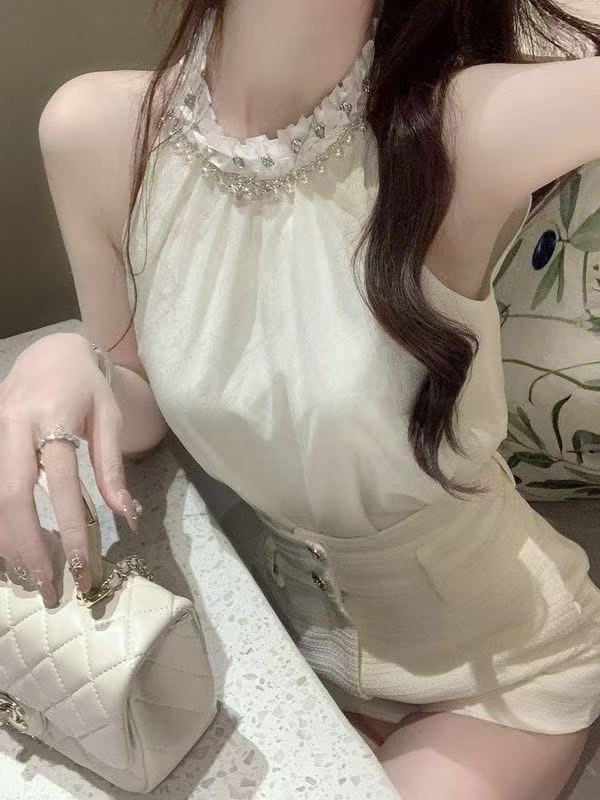 여름 새로운 고급 센스 품격 행침 목 민소매 비즈 박기 셔츠