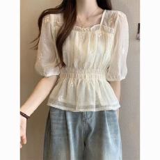 批发刺绣木耳边小香风雪纺衫夏季短款法式甜美风衬衫女装上衣雪纺短袖