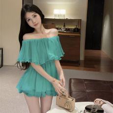 批发法式超仙荷叶边一字领露肩雪纺衫女春季纯欲风性感收腰中长款上衣