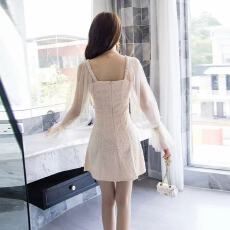 批发春装女新款Chic小香风气质中长款网纱拼接长袖收腰显瘦连衣裙秋季