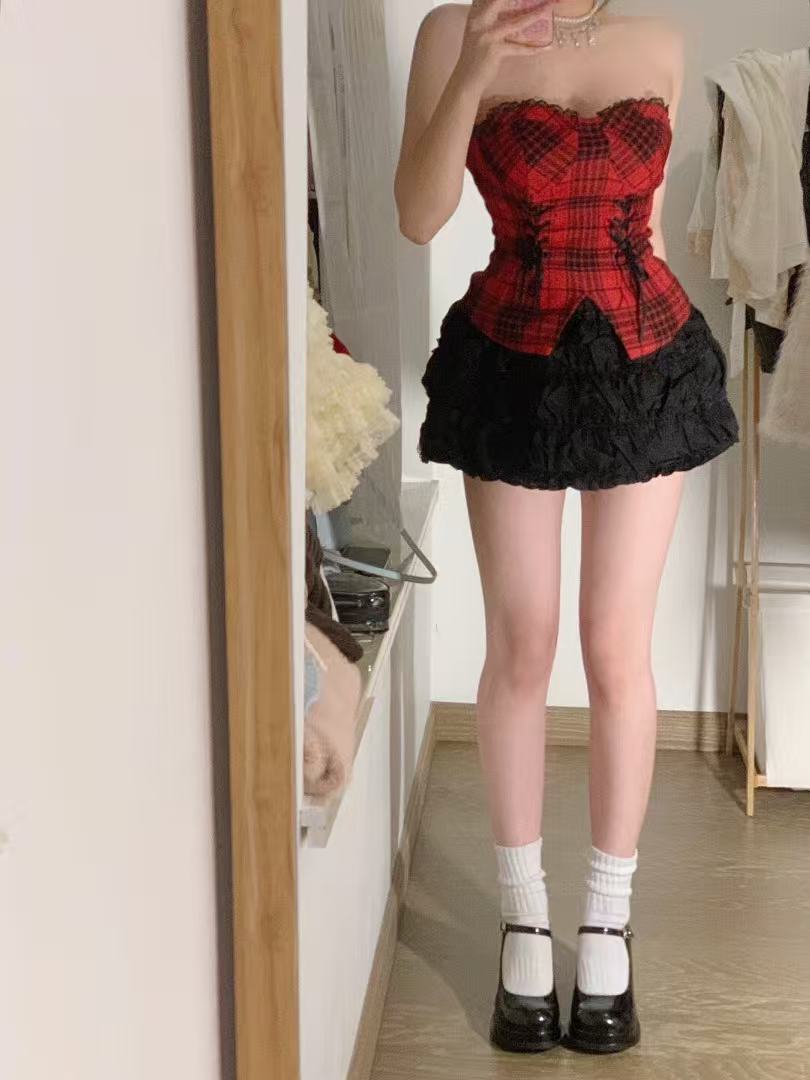 크리스마스 빨간색 체크무늬 튜브탑 조끼 여성 봄 가을 겨울 새로운 순수한 욕망 바람 핫걸 인사이드 잡아라. 의류