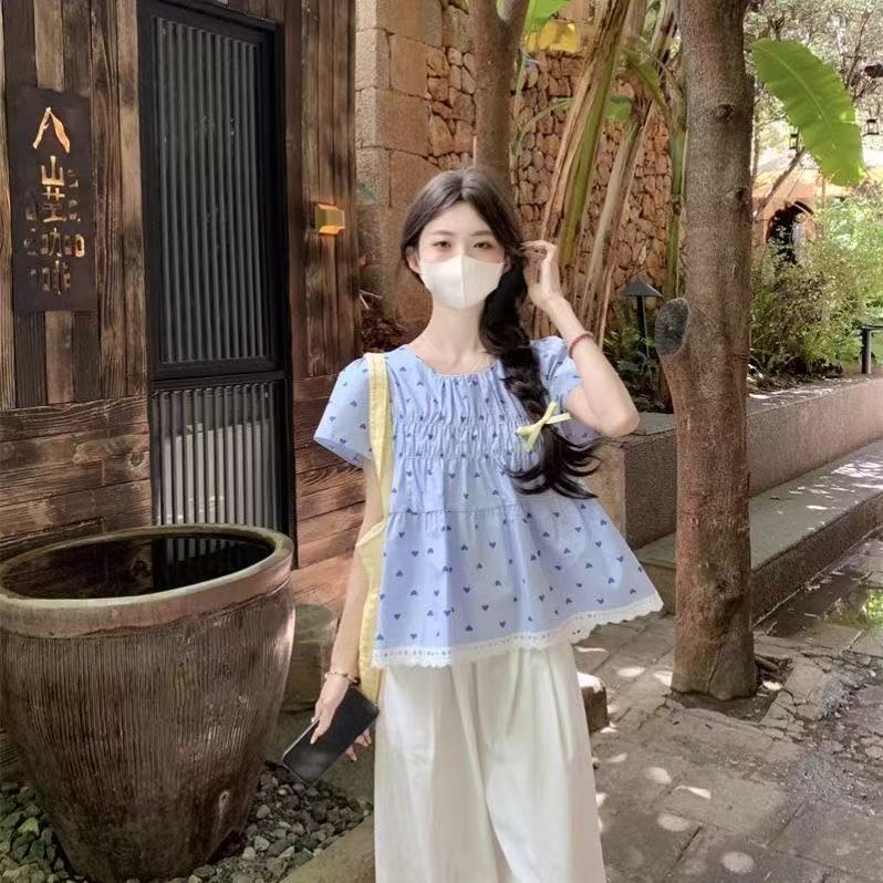 작은 키 한 부서 달콤함 빨간색 하트 프린트 주름 Feifei 소매 여성 셔츠 여름 거품 소매 루즈핏 맨위