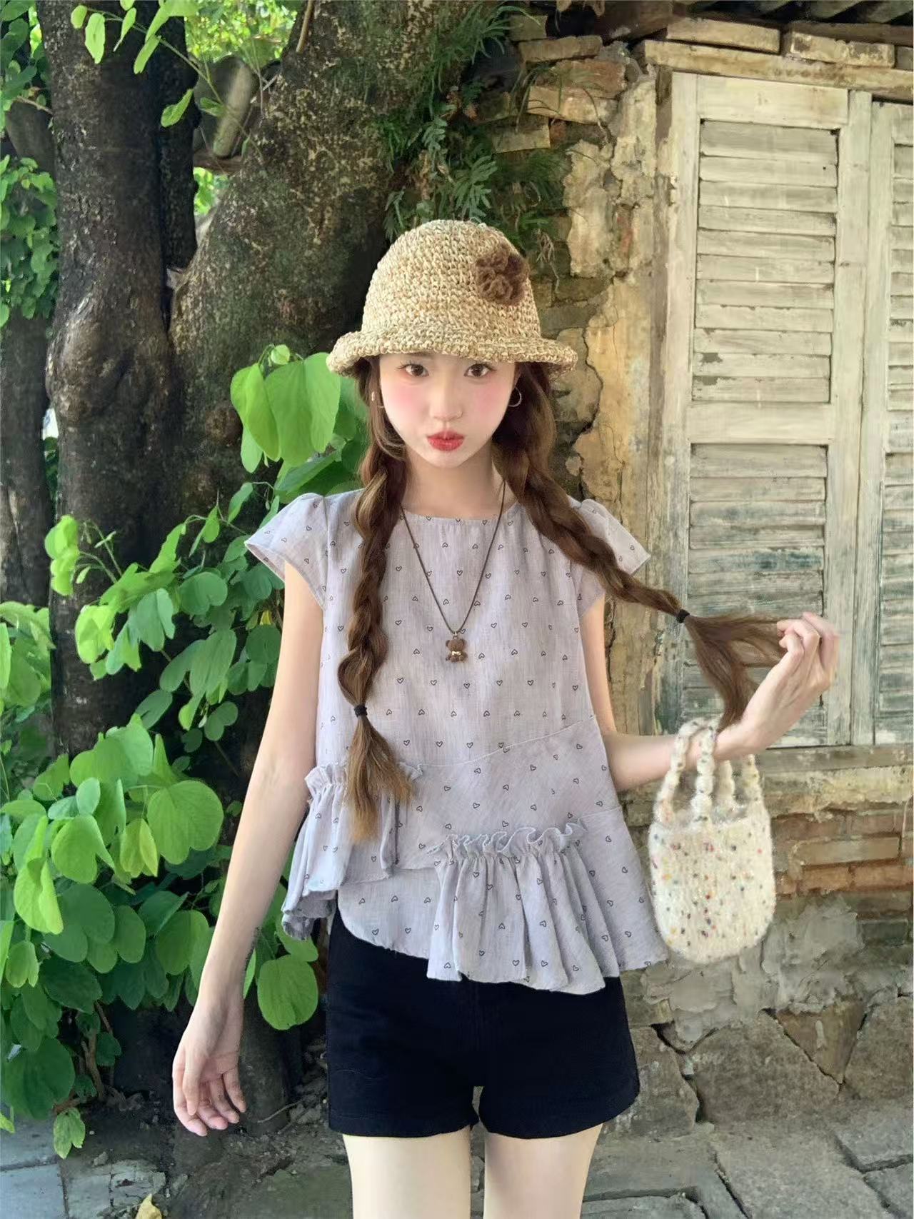 여름 새로운 한 부서 루즈핏 외국 가스 반팔 여성 셔츠 프릴 패치워크 불규칙 하트 인형 셔츠 맨위