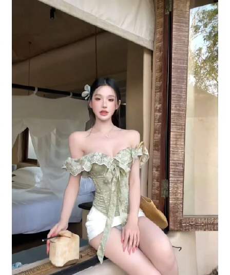 오프숄더 녹색 레이스 캐미솔 여름 생선뼈 코르셋 순수한 욕망 핫걸 품격 허리 수축 쇼트 스타일 맨위