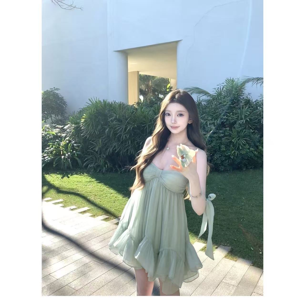 프랑스식 소녀 나비 매듭 박하 녹색 슬립 미니 스커트 여름 해변가 휴가 바람 디스플레이 화이트 다용도 프릴 드레스
