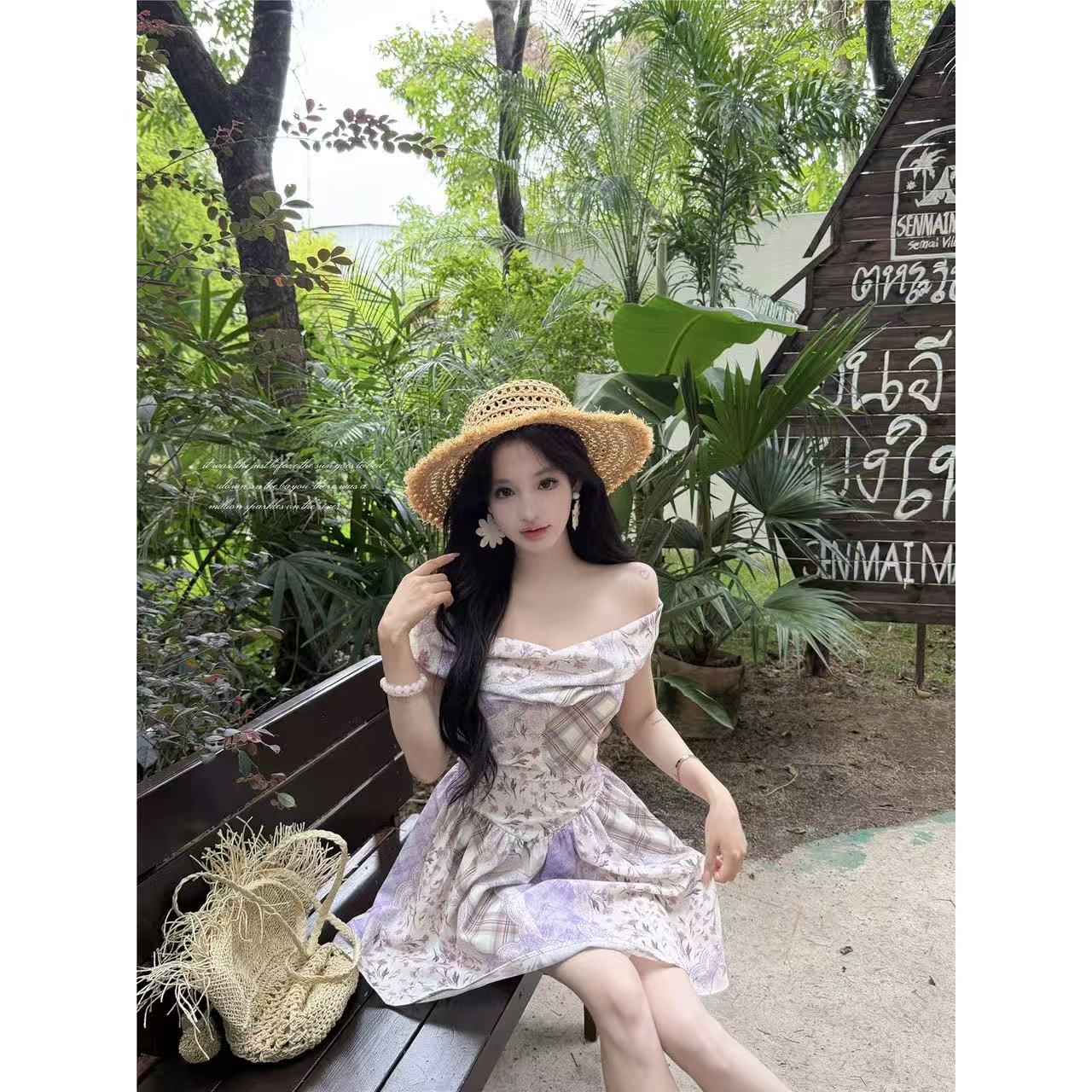 레트로 품격 보라색 프린트 오프숄더 드레스 여성 의류 여름 Chic 연령 감소 허리 수축 미니 스커트