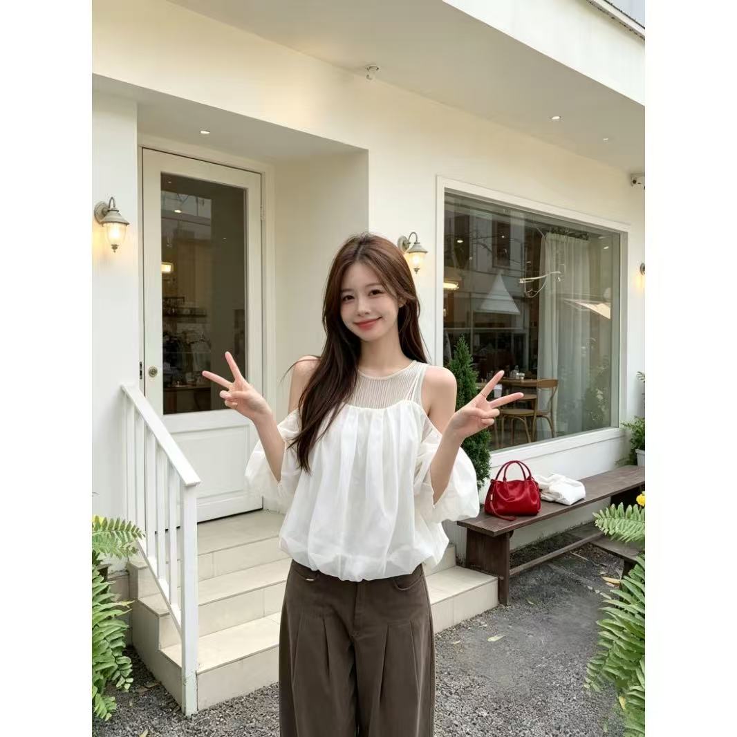 달콤한 스타일 여름 세트 여자 망사 꽃밭 오프숄더 작은 셔츠 몸매 가꾸기 민소매 캐미솔 투피스 세트