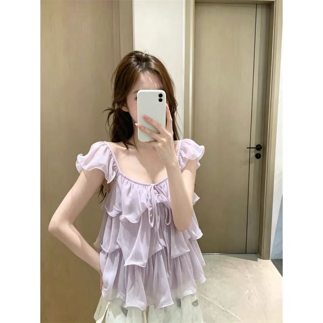 부드러운 달콤한 스타일 u 칼라 프릴 여성 셔츠 프랑스식 순수한 욕망 품격 루즈핏 슬림해 보이는 다용도 작은 날다 소매 맨위