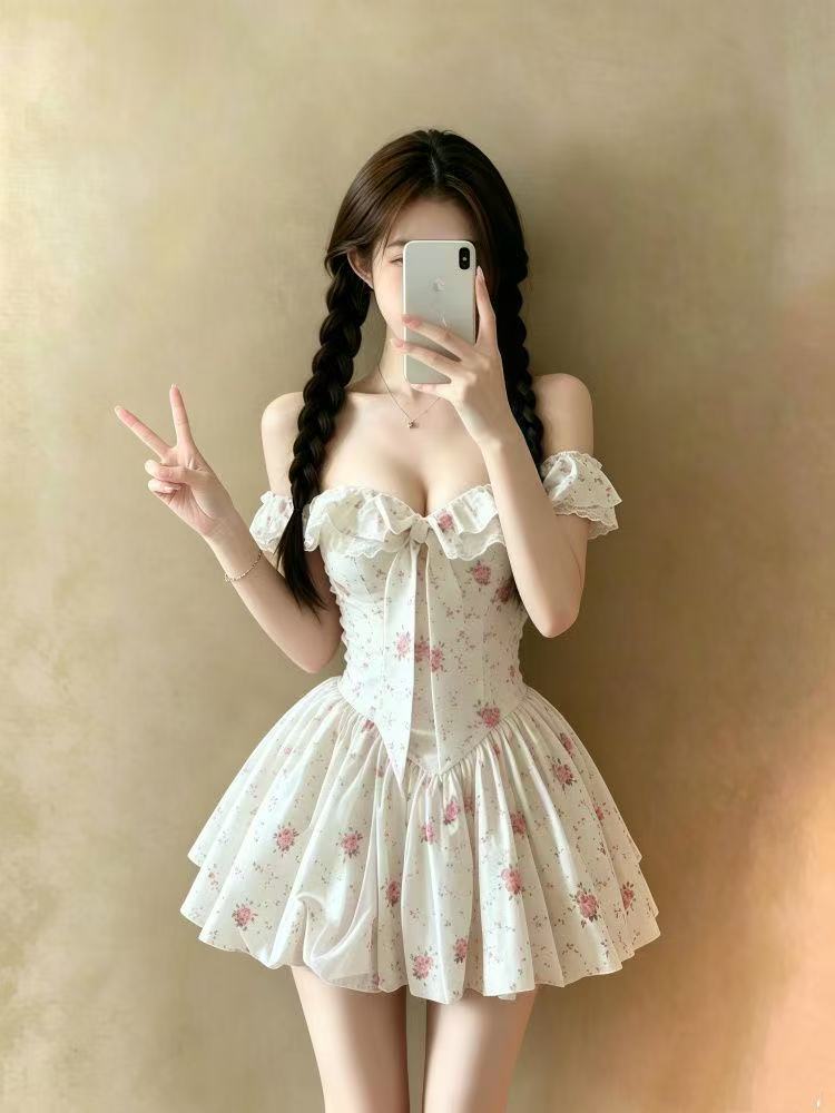 프랑스식 절묘한 달콤함 프린트 프릴 한 단어 공주 드레스 여름 새로운 나비 매듭 허리 수축 퍼프 드레스