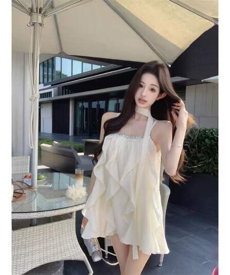 프랑스식 살구 색상 못 훈련 슬립 여성 드레스 여름 프릴 루즈핏 미니 스커트 디자인 센스 순수한 욕망 한 마디 치마