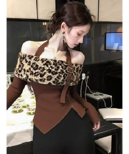달콤한 핫걸 보트넥 패치워크 레오파드 무늬 배색 행침 목 스타일 티셔츠 디자인 센스 몸매 가꾸기 봄 가을 겨울 긴팔 맨위