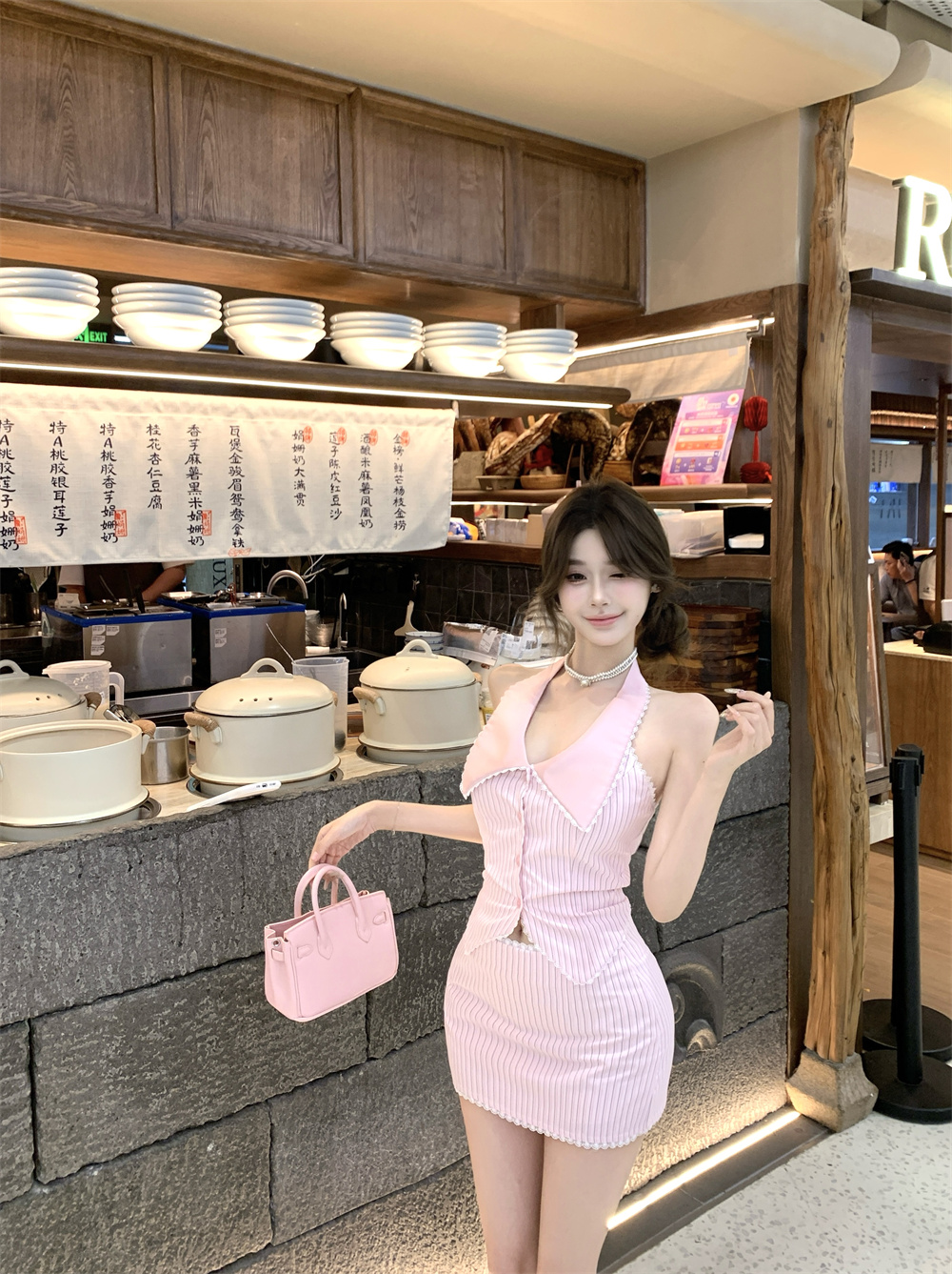 MY11248# 纯欲风辣妹套装夏季条纹挂脖背心马甲上衣两件套女裝貨源服裝...