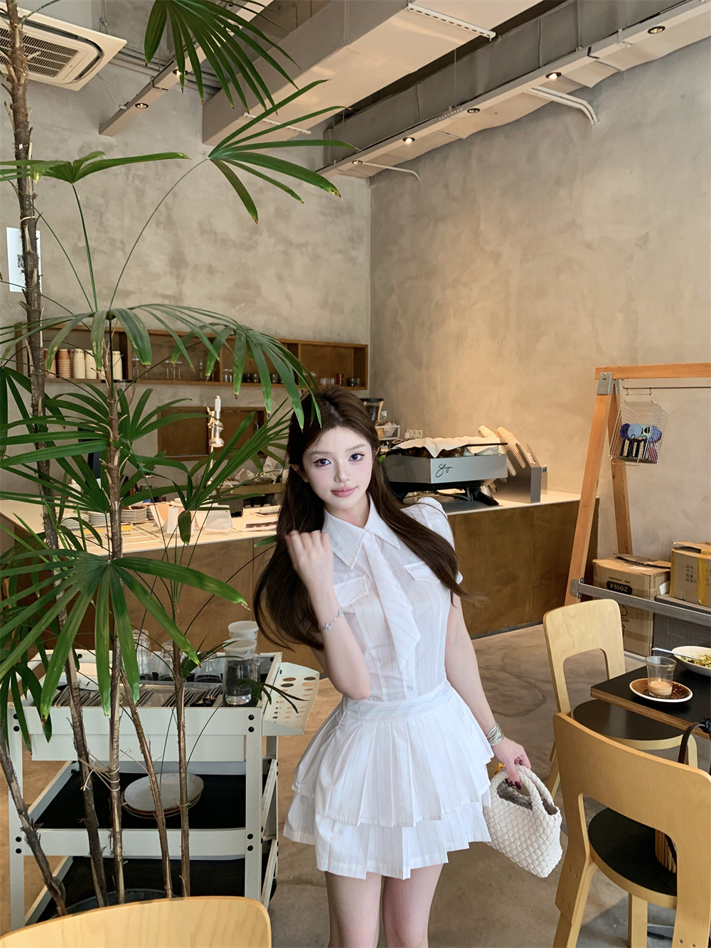 실사 polo 가짜 넥타이 스트라이프 여성 드레스 여름 새로운 학원 스타일 달콤함 품격 거품 소매 플리츠 스커트