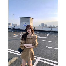 批发实拍春秋季新款韩版复古时髦<b class='q'>百搭</b>设计感麂皮连衣裙修身中长裙女