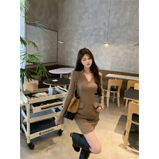 批发实拍新款V领假口袋短裙设计感时髦显瘦<b class='q'>秋</b>冬女装连衣裙
