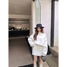 批发实拍半高领花边蕾丝加绒<b class='q'>卫衣</b>侧拉链半身裙两件套<b class='q'>女</b>秋冬季时尚<b class='q'>套装</b>