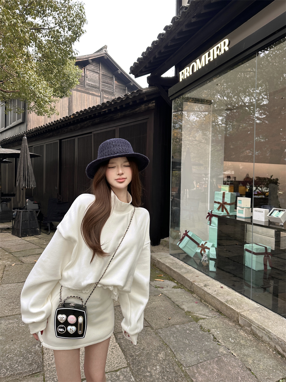 MY16941# 半高领花边蕾丝加绒卫衣侧拉链半身裙两件套女秋冬季时尚套装...