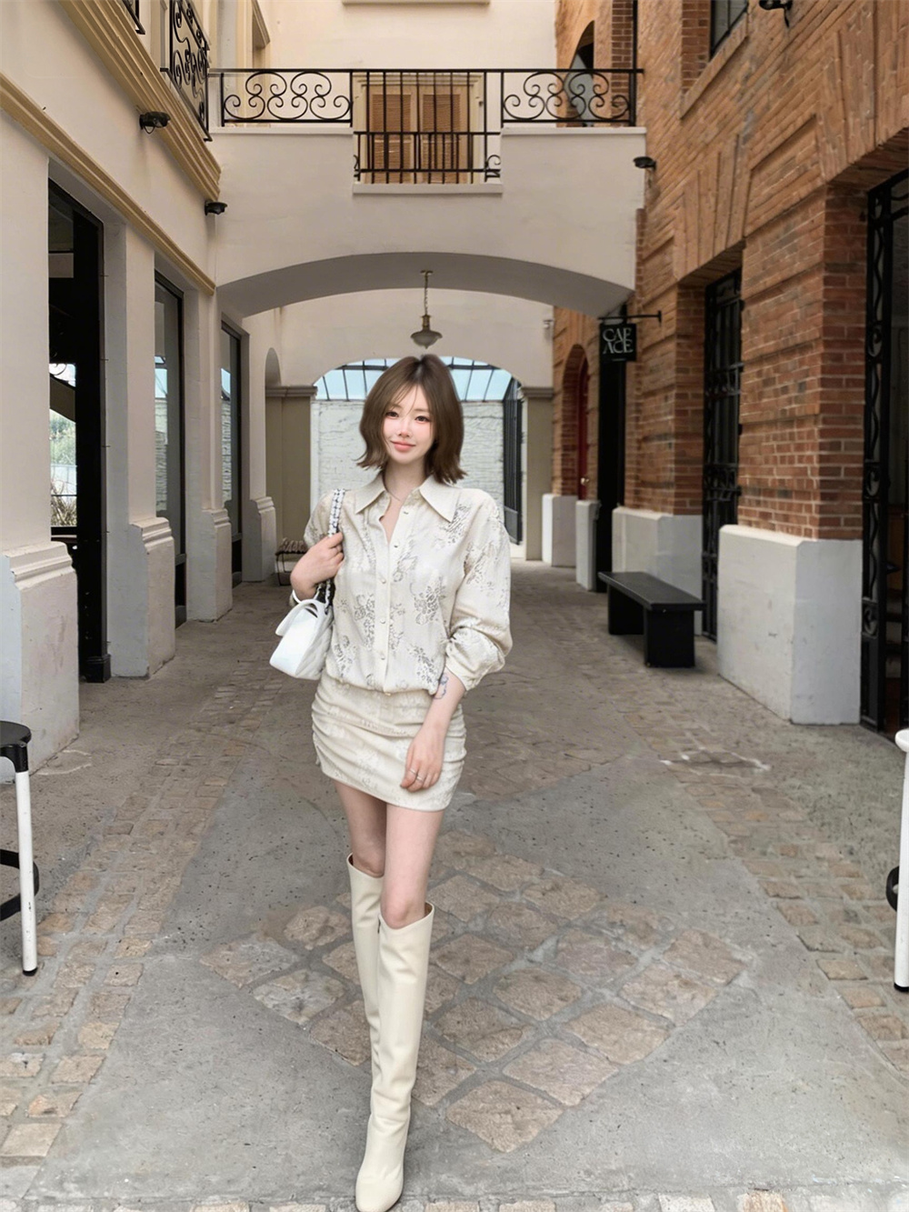 실사 프랑스식 스탠드 칼라 셔츠 여성 드레스 새로운 홀로우 아웃 꽃 셔츠 치마 여성