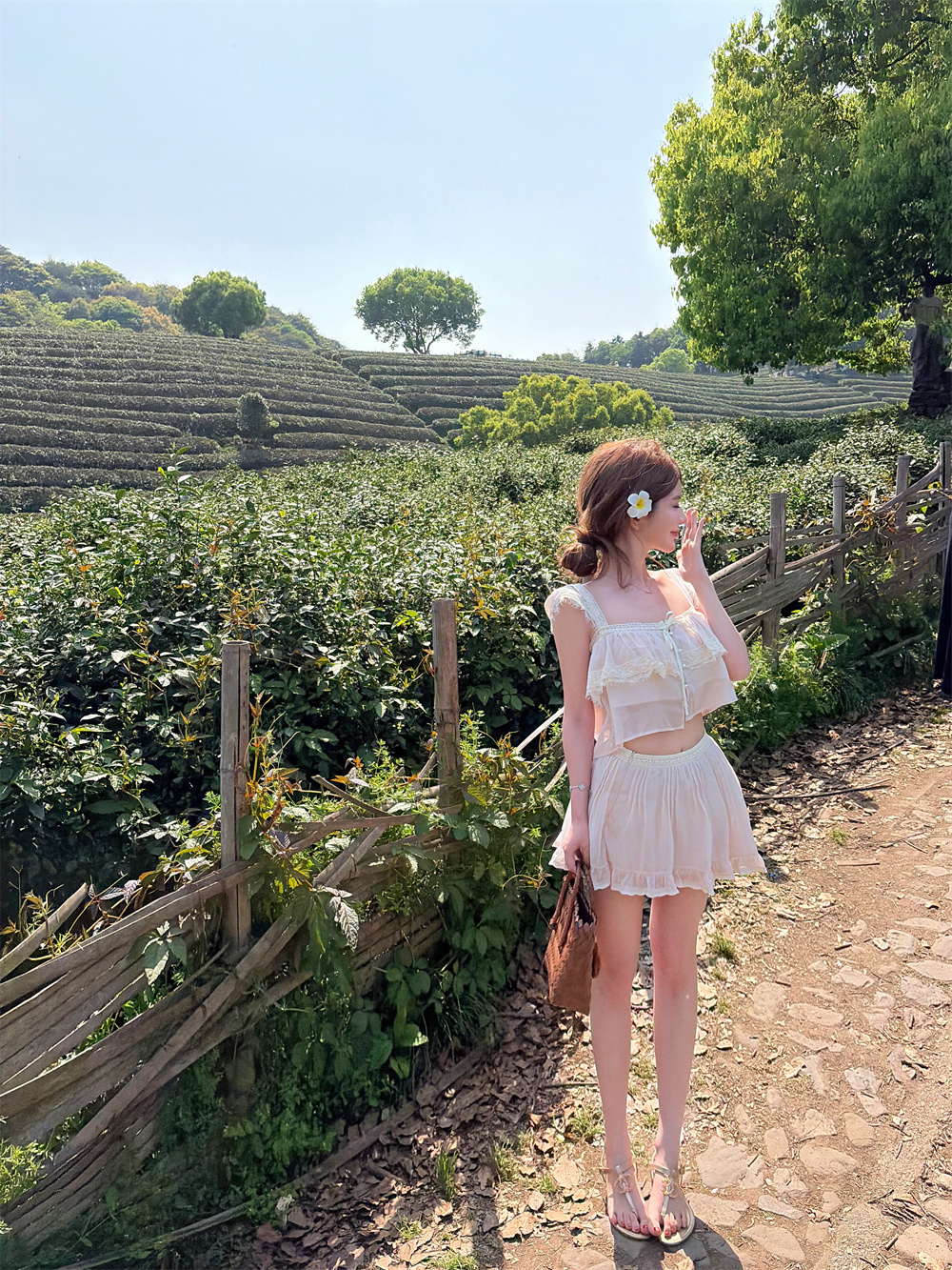 실사 핑크색 산호초 편지 소녀 휴가 바람 레이스 요정 짧은 맨위 미니 스커트 세련된 세트