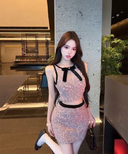 실사 여름 새로운 작은 샤넬 스타일 3 차원 벨벳 나비 매듭 조끼 트위드 미니 스커트 세트