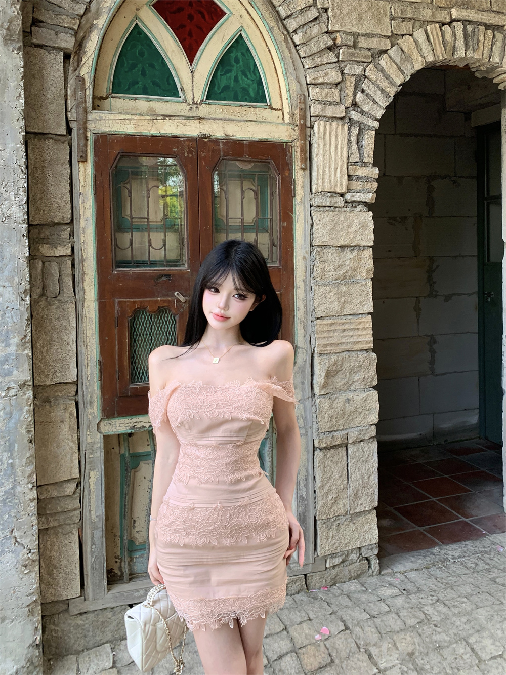 실사 레이스 타이트 스커트 슬립 드레스 순수한 욕망 바람 작은 대중 허리 수축 몸매 가꾸기 짧은 치마