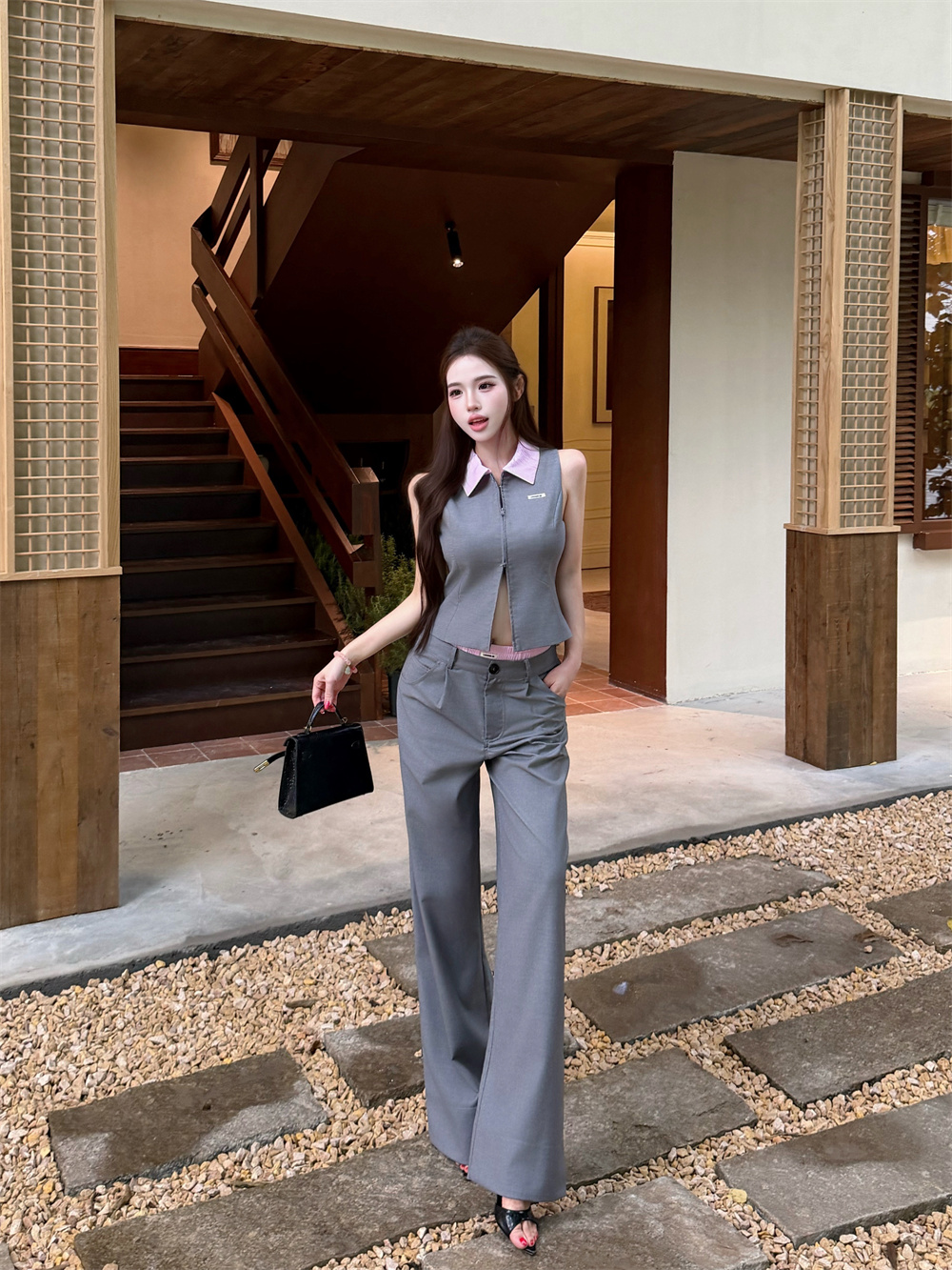 실사 작은 대중 디자인 패치워크 허리 머리 정장 바지 폴로 칼라 회색 조정 베스트 세트