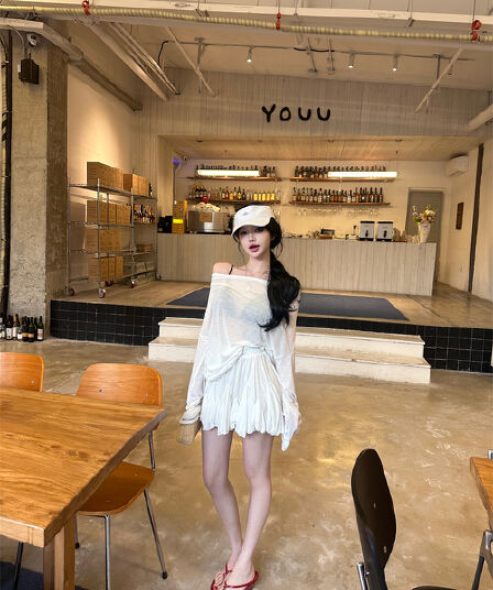 실사 여름 새로운 순수한 욕망 바람 오프숄더 긴팔 티셔츠 꽃밭 치마 투피스 세트 세트 여성