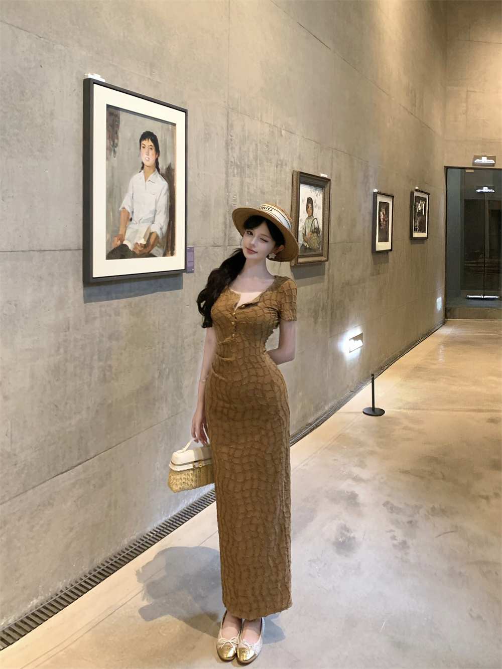 夏季新款法式收腰显瘦圆领气质连衣裙长裙   服裝批發女裝批發服飾貨源