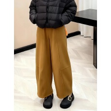 胖MM秋冬加绒加厚款显瘦直筒加绒休闲纯色阔腿裤休闲裤