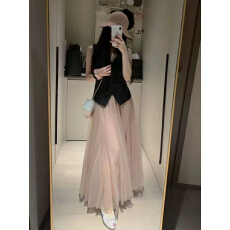批发2025新款秋粉色a字纱裙高腰小众中长款网纱半身裙女超仙伞裙垂感
