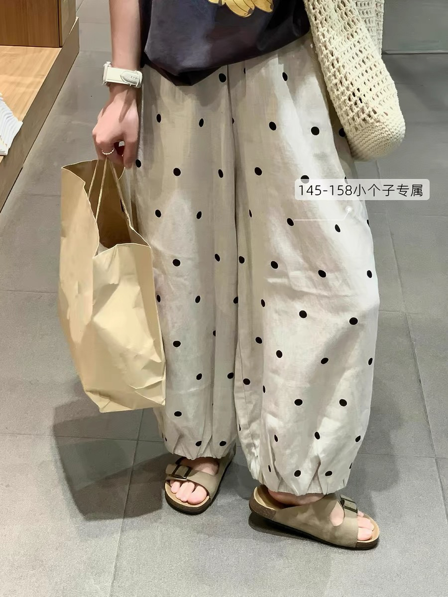 루즈핏 표지 넓적 다리 와이드 레깅스 바지 도트 무늬 통기성 캐주얼 바지 여름 작은 키 하이웨이스트 슬림해 보이는 얇은 스타일 9 포인트 스트레이트 팬츠