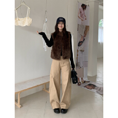 批发实拍2026秋冬一体绒工装风大口袋阔腿弯刀裤<b class='q'>女</b>新款宽松休闲镰刀裤