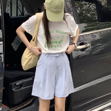 批发实价不减实拍简约纯色<b class='q'>西装</b>短裤女宽松休闲百搭五分裤高腰直筒裤