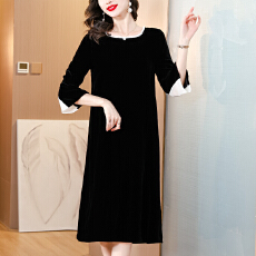 批发2025新款高端品质名媛气质设计感显瘦<b class='q'>桑蚕丝</b>丝绒大码<b class='q'>连衣裙</b>娃娃领