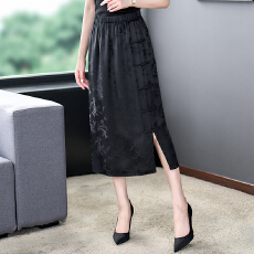 批发重磅22姆米提花缎~真丝桑蚕丝开叉半裙复古盘扣黑色半身裙春新款