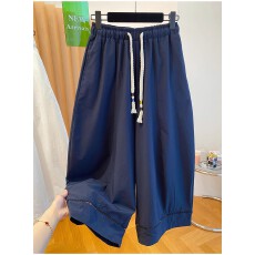 批发7690#韩系松紧腰抽绳系带显瘦休闲裤2026夏宽松百搭九分裤弯刀裤