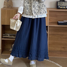 批发7803#棉麻花边阔腿裤女2026春季日系复古百搭直筒裤叠穿<b class='q'>九分裤</b>